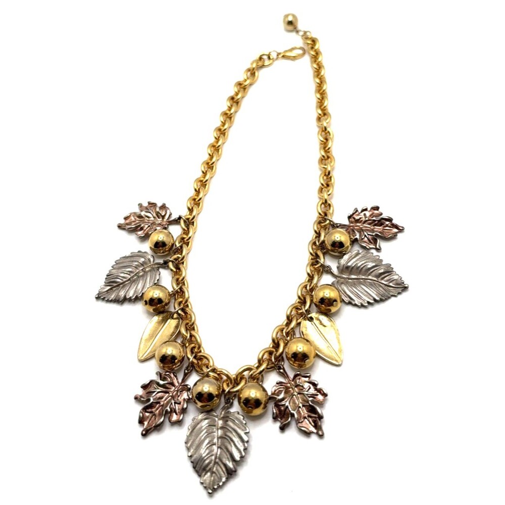 Vintage 1980’s Leaves Charm Necklace Gold Silver and Copper Tone Statement 18"